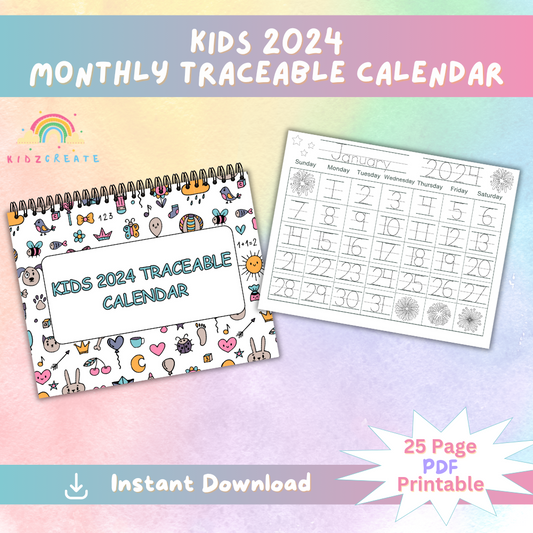 Kids 2024 Traceable Monthly Calendar, Printable Calendar